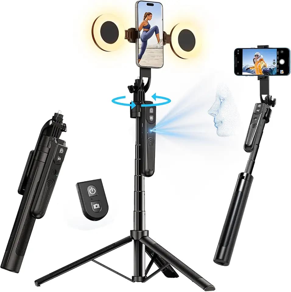 yAyusi 70.9" Auto Face Tracking Selfie Stick Tripod for iPhone with Light, No App, 360° Rotation Tripod that Follows Your Movement with Remote Control for Vlog/Live Stream/Video Recording