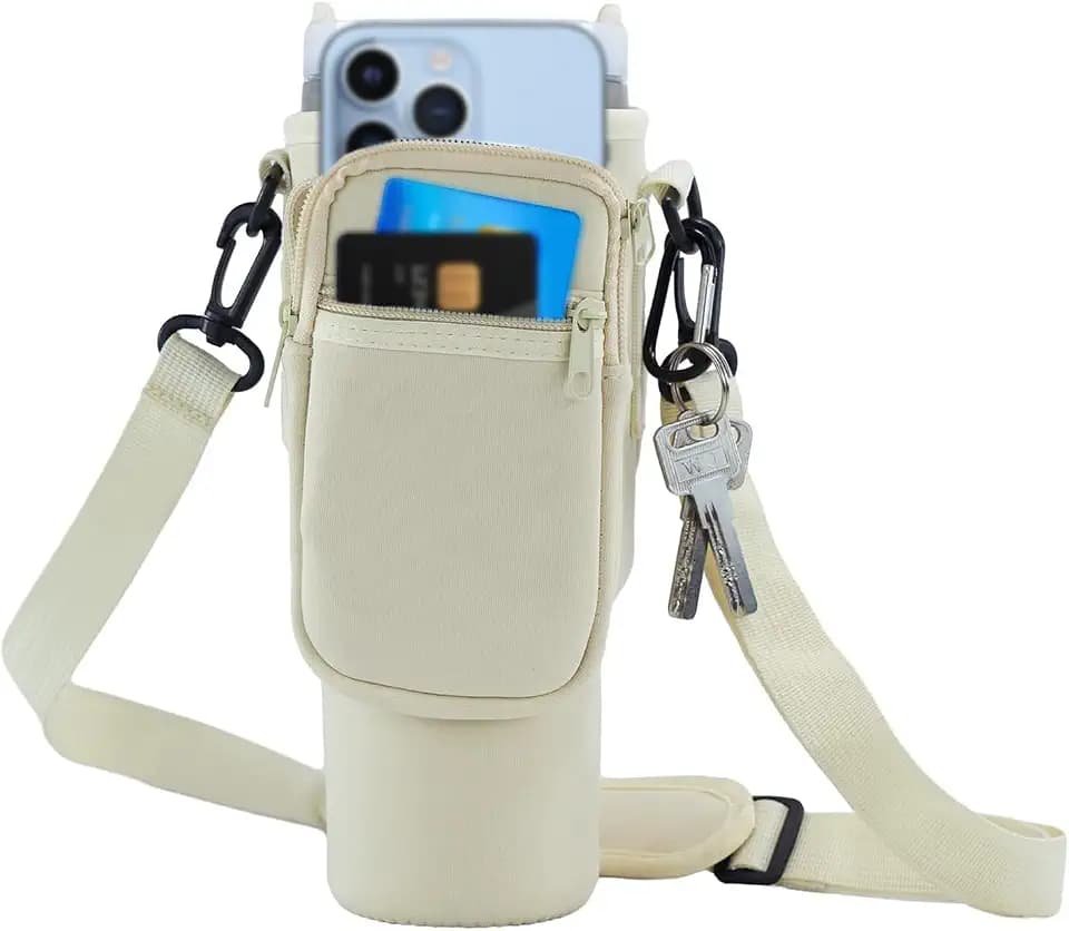 Tragetasche für Stanley Cup 40oz, Wasserflaschen-Tragetasche mit Handyfach, Verstellbarem Riemen, Tragegriff, für Reisen Zum Wandern Laufen Radfahren (Weiß)