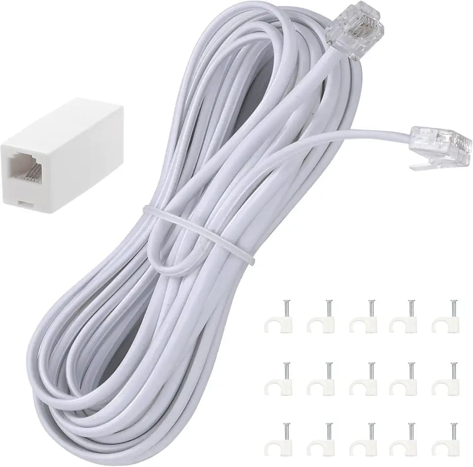 15 Feet Long Telephone Extension Cord Phone Cable Line Wire, with Standard RJ11 Plug and 1 in-Line Couplers and 15 Cable Clip Holders-White