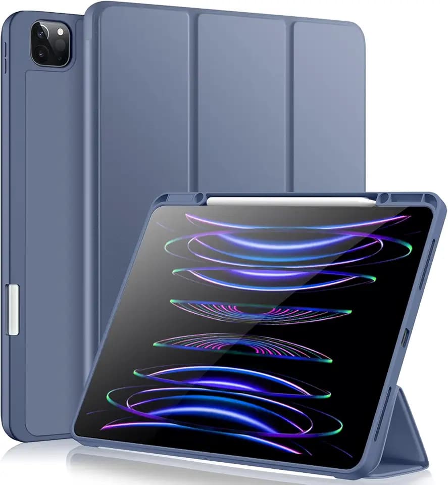 Vobafe Hülle Kompatibel mit iPad Pro 12.9 6./5./4./3.Generation, TPU Flexible Rückseite mit Stifthalter für iPad Pro 12,9 2022/2021/2020/2018, Unterstützung Pencil 2 Aufladung, Blau Grau
