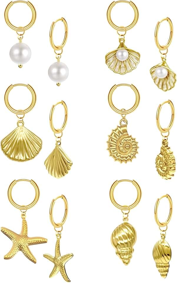 Gold Beach Ocean Earrings for Women Gold Plated Seashell Starfish Huggie Hoop Dangle Earrings Cute Shell Pearl Clam star fish Earring Beachy Jewelry