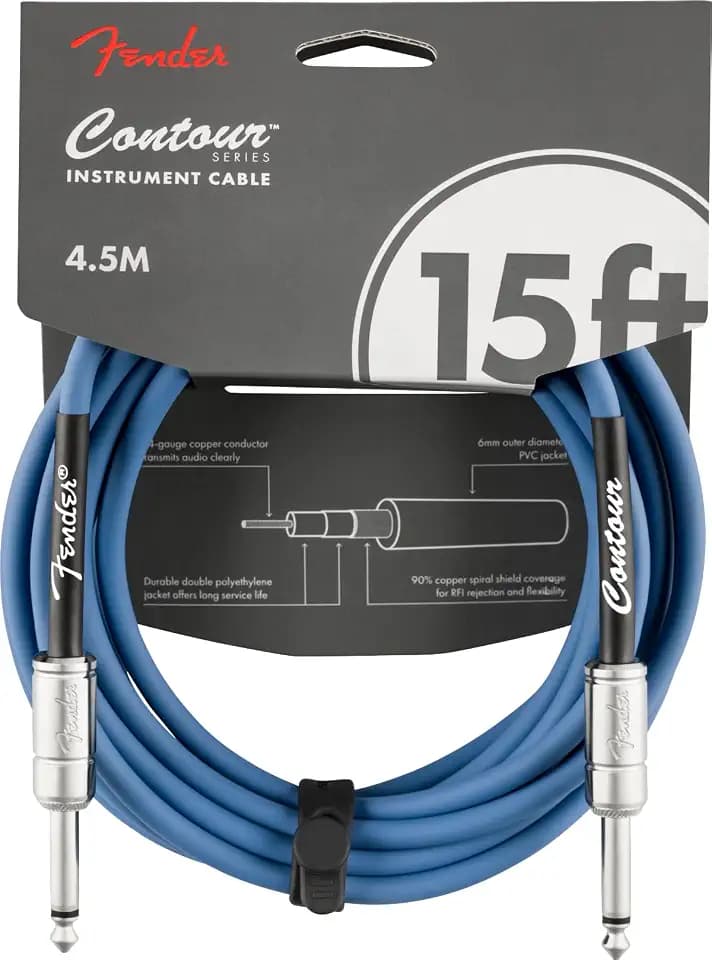Fender Contour Instrumentenkabel, Gitarrenkabel 4,57m, Lake Placid Blue | Gerade/gerade, vernickelte 6,35-mm-Klinkenbuchsen, 90 % sauerstofffreie Kupferabschirmung, rauscharm, für E-Gitarre