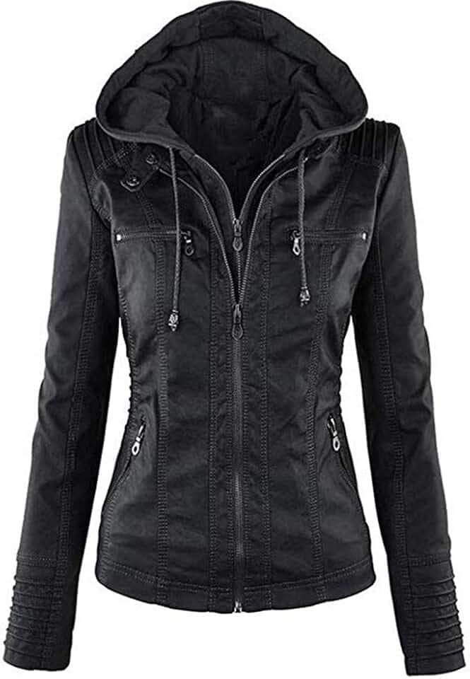 Damen Lederjacke mit Reißverschluss, Mantel mit Kapuze, kurze Jacke