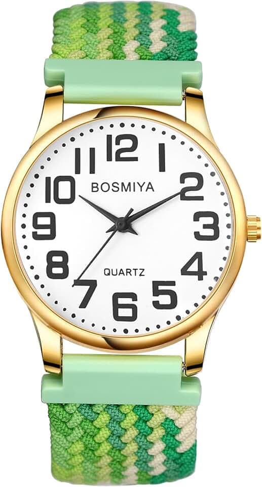 JewelryWe Geflochten Elastische Uhr für Damen Herren Kinder, Einfache Analog Quarz Armbanduhr Gewebt Stretcharmband Lässige Uhr mit großen Zahlen Zifferblatt & Gold Gehäuse für Senioren