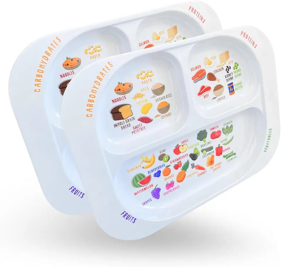 j&m Healthy Learning Teller, geteilte Portionskontrolle mit Abschnitten zum Lernen von Ernährung, Lebensmittelgruppen & Portionsgrößen, spülmaschinengeeignet (2 Stück)
