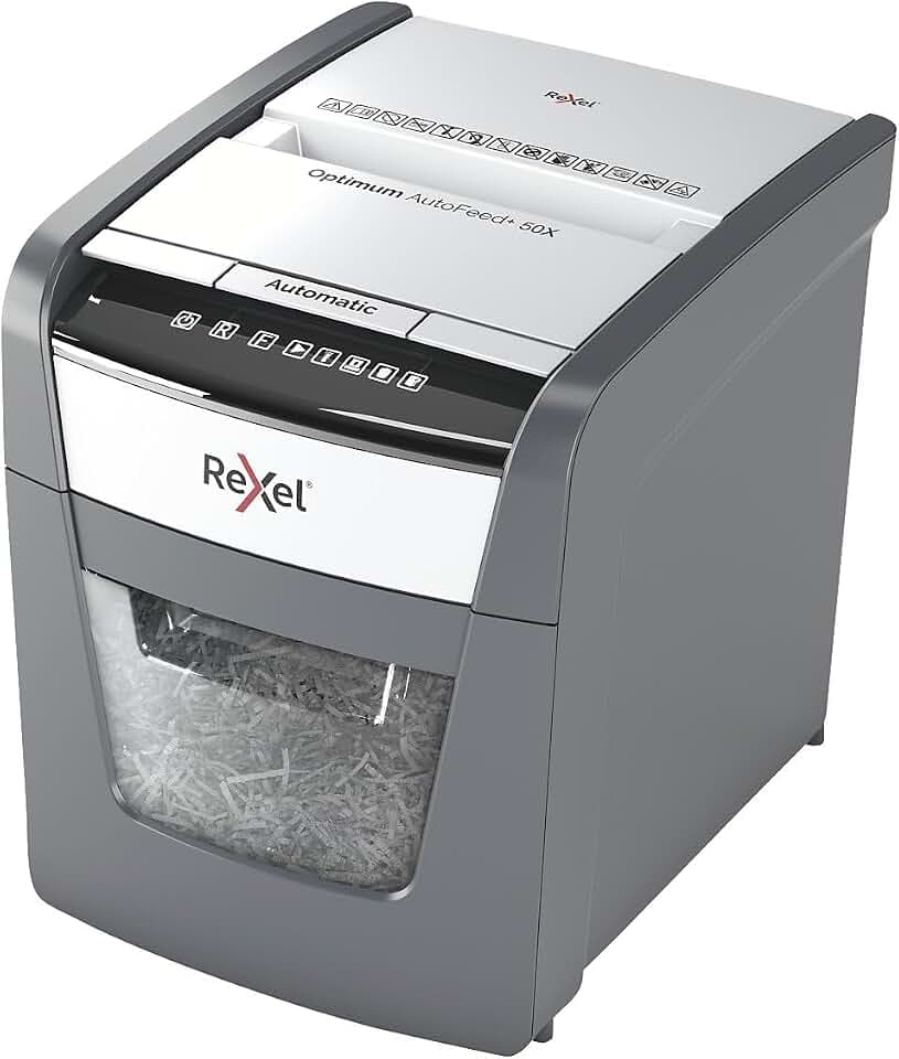 Rexel Optimum AutoFeed+ 50X Automatischer Aktenvernichter CH, 50 Blatt, Sicherheitsstufe P4, Partikelschnitt, für Zuhause/Home Office, 20 Liter Abfallbehälter, mit Schweizer Netzstecker, 2020050XCH