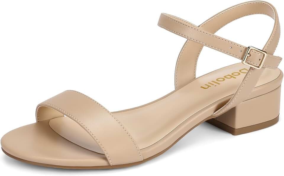 DOBOLIN Women Sandals Dressy Comfortable Walking Strappy Open Toe Wedding Shoes for Bride 1.2 Inch Low Block Heels Adjustable Ankle Strap