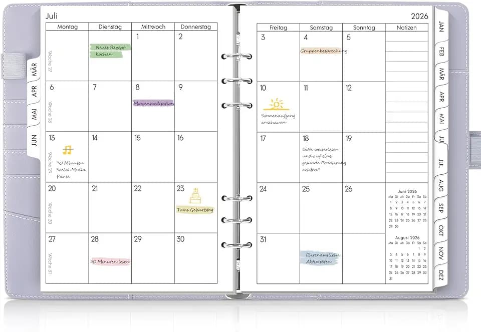 SKYDUE Kalender Ringbuch A5, Ringbuch A5 Nachfüllbar Von März 2026 bis Juni 2027, Terminplaner 2026 Perfekt Für Schüler Und Berufstätige(Lila)
