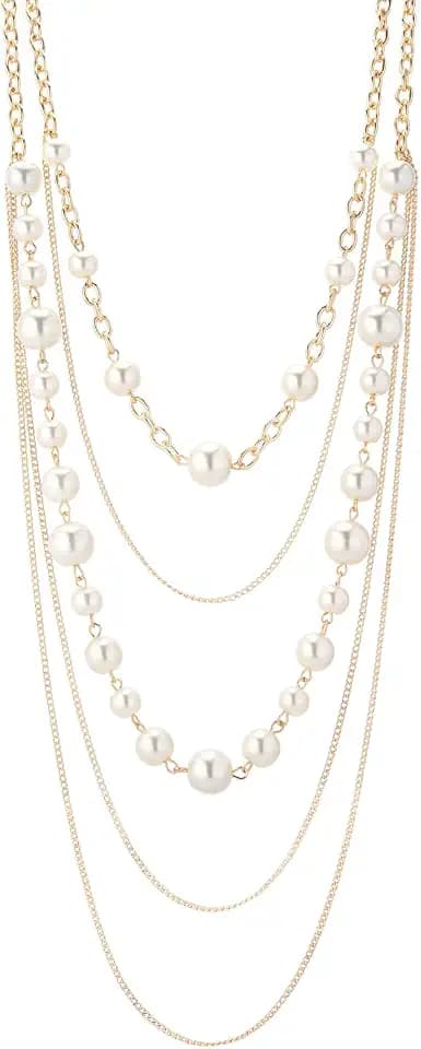 Long Gold Pearl Necklaces for Women Multi-Layered Chain with Faux Pearls Beads Statement Waterfall Jewelry Gifts