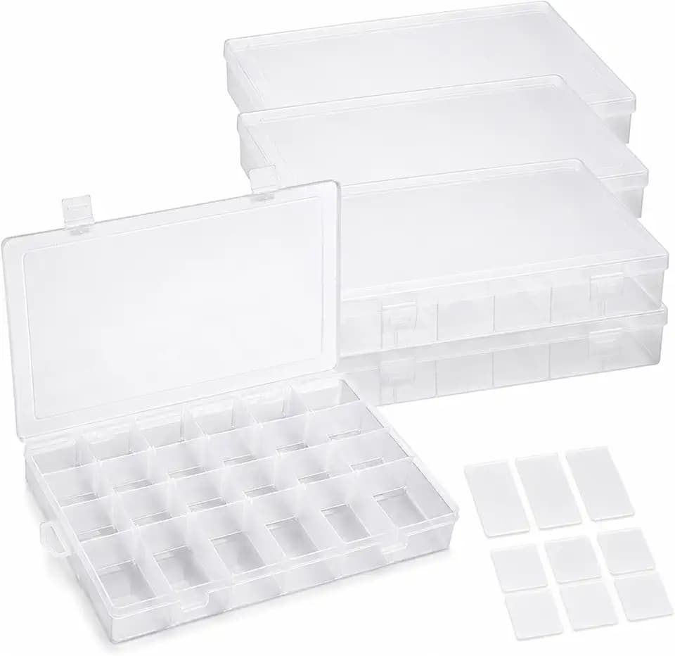 APACALI 4 Pack Large Clear Organizer Box with Dividers, 24 Adjustable Compartments Tackle Box & Bead Organizer for Crafts Small Parts
