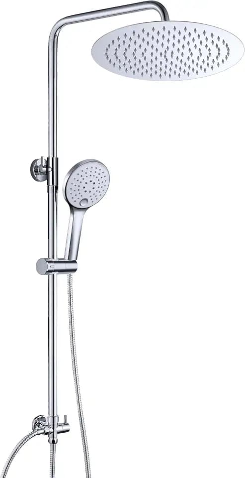 JOHO Edelstahl Duschset ohne Armatur, Regendusche Duschsystem Wassersparend mit Duschkopf, Duschstange, Duschschlauch, Kopfbrause Rund D25cm Chrom