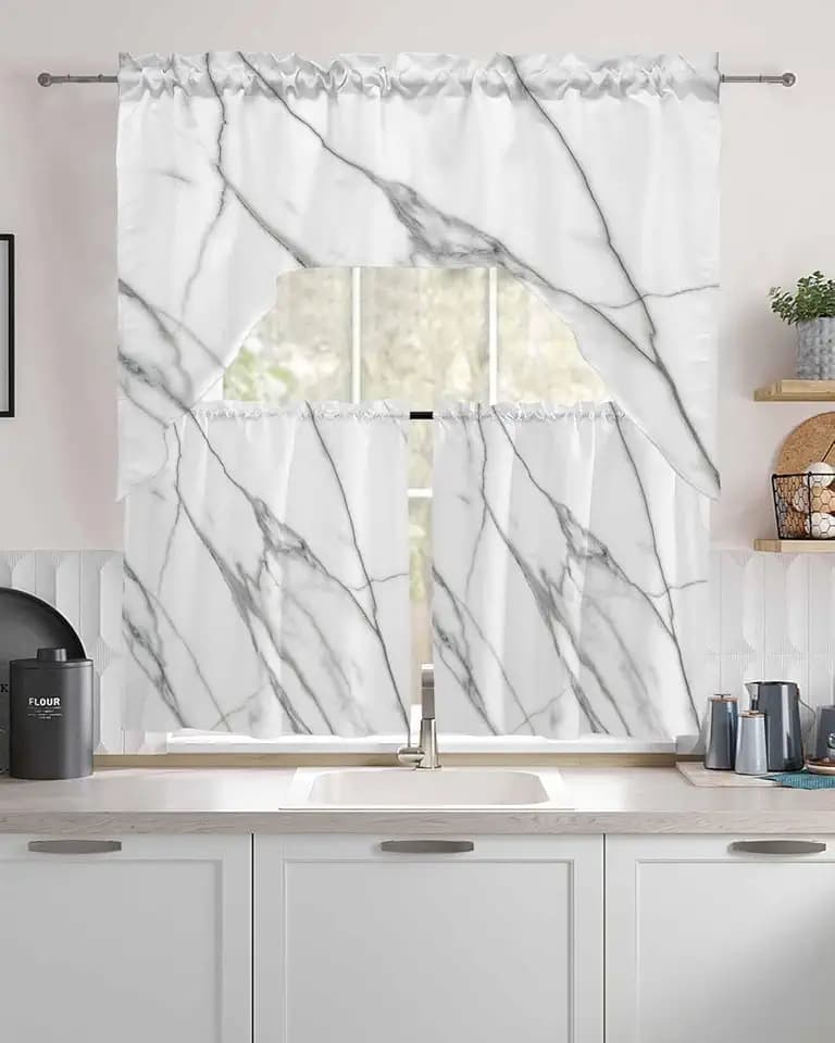 Chucoco Marble Swag Curtains Valance and Tier Set,White Gray Crack Rod Pocket Kitchen Curtains Swag Valance Tier,Modern Abstract Ink Agate Art Light Filtering Window Treatment for Bedroom Living Room