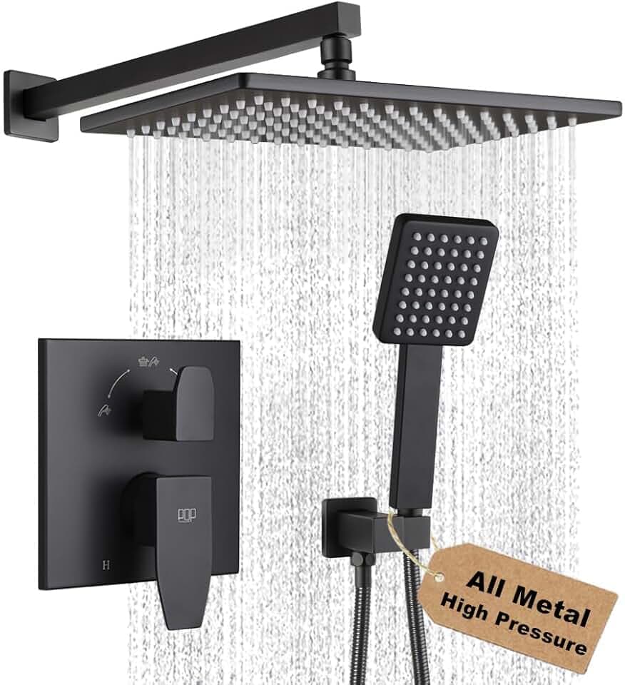 Matte Black Shower Faucet Set Rainfall 12 Inch Shower Head and Handle Set