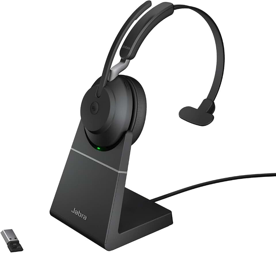Jabra Evolve2 65 Wireless PC Headset mit Charging Stand – Noise Cancelling Microsoft Teams Certified Mono Headphones, Long-Lasting Battery – USB-A Bluetooth Adapter – Black