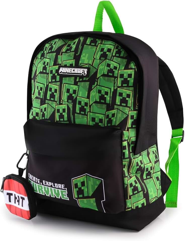 Minecraft Jungen Rucksack mit befestigtem Münzhalter - Kinder Schultasche mit Creeper Design, Fronttasche & Mesh Seitenhalter - Rucksack für Schule & Reisen