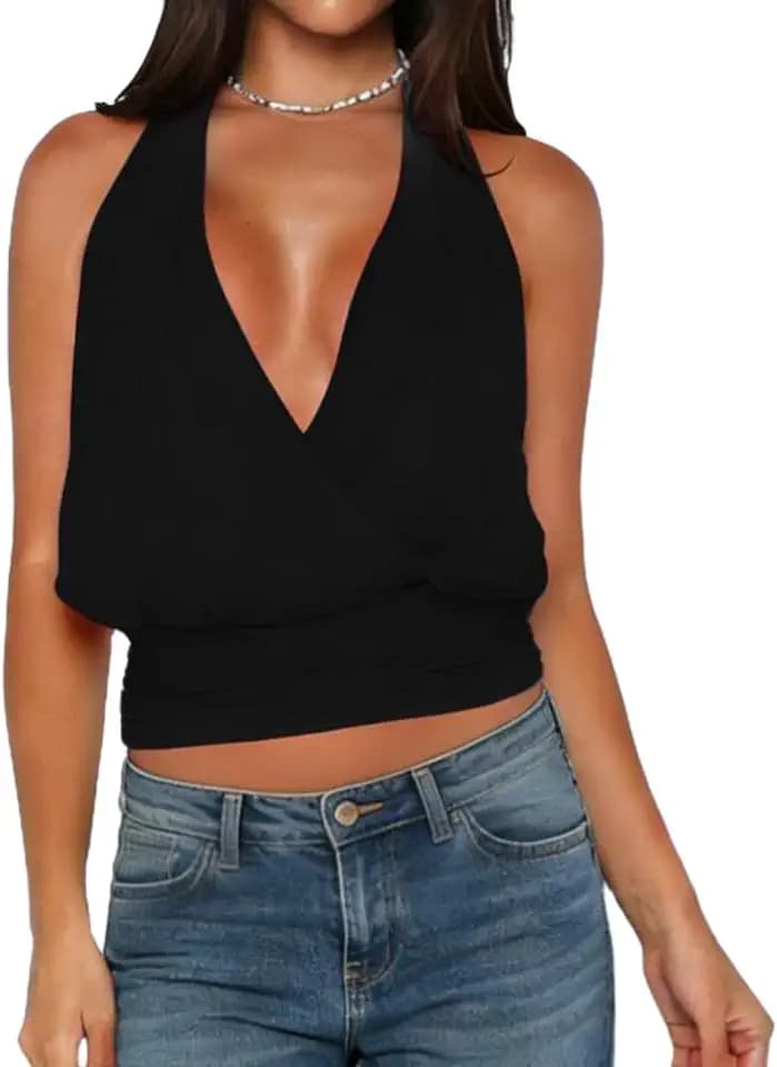 Women Halter Y2K Crop Top Sleeveless Cowl Neck Open Back Coquette Solid Color Slim Fit Going Out Tank Top Streetwear