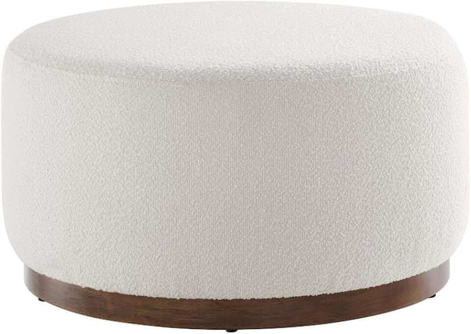 Modway Tilden 29 Inch Round Boucle Upholstered Ottoman in Cloud Walnut - Round Ottoman Coffee Table for Living Room - Large Ottoman Foot Rest with Rubberwood Plinth Base