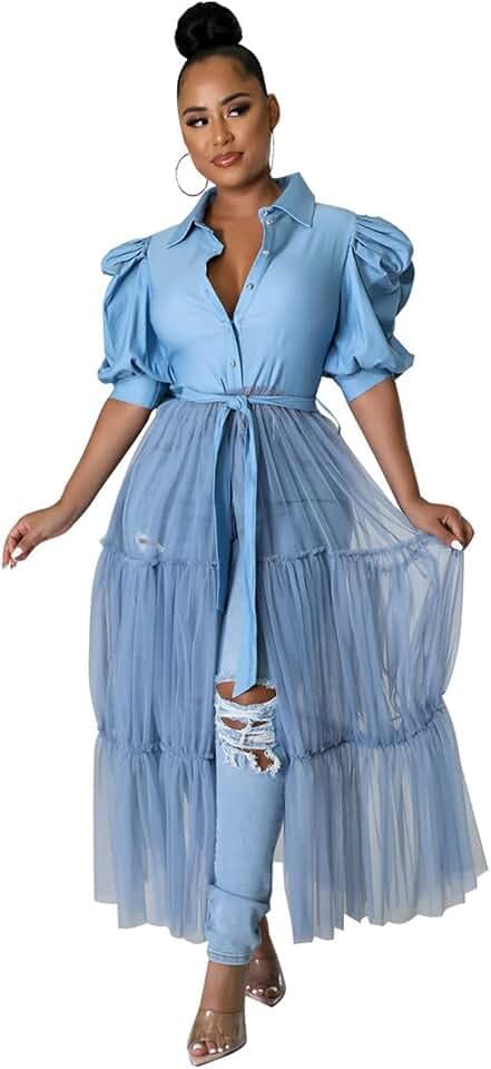 Ekaliy Women's Ruffle Blouse Shirt Asymmetrical Tunic Dress with Belt