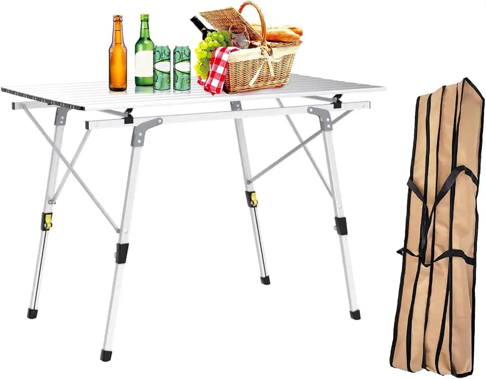 CampLand Adjustable Aluminum Camping Table, Portable Outdoor Folding Table, Lightweight Portable Surface for Camping, Picnic, Beach Trips & BBQ（Silver）