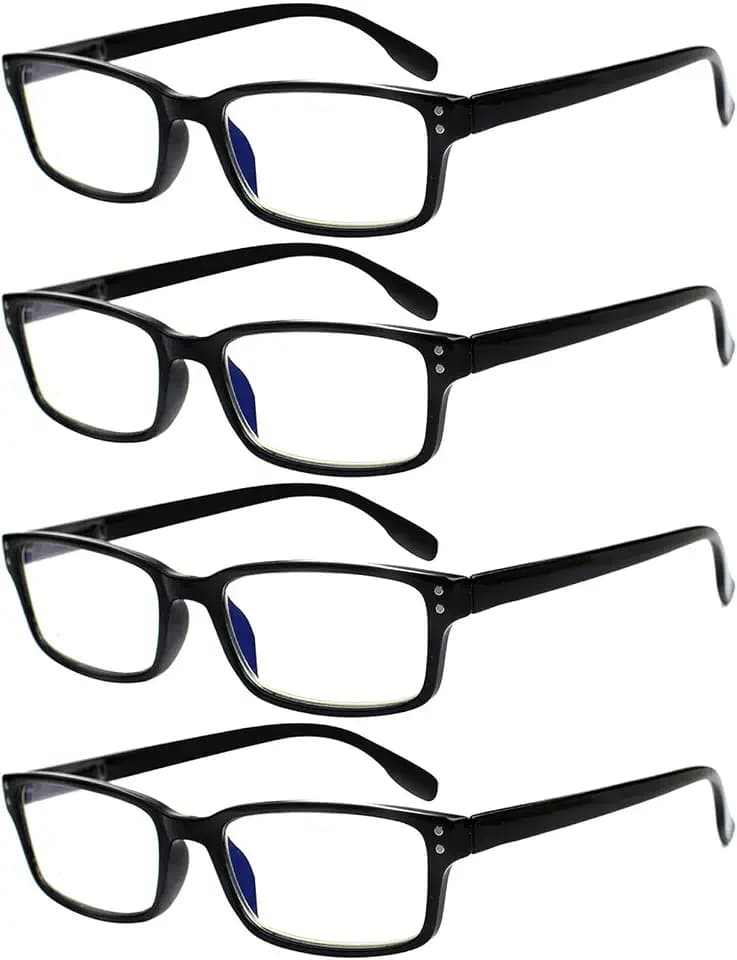 Kerecsen 4 Pack Reading Glasses for Men and Women with Spring Hinges, Lightweight Black Rectangular Readers Eyeglasses (4 Pack Black, 0.75)