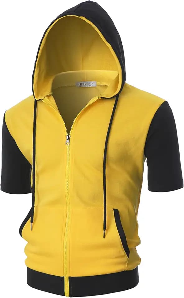 Ohoo Mens Slim Fit Zip up Hoodie Cotton Blend Soft Fabric Short Sleeve Lightweight Comfy Basic Jacket with Kanga Pocket