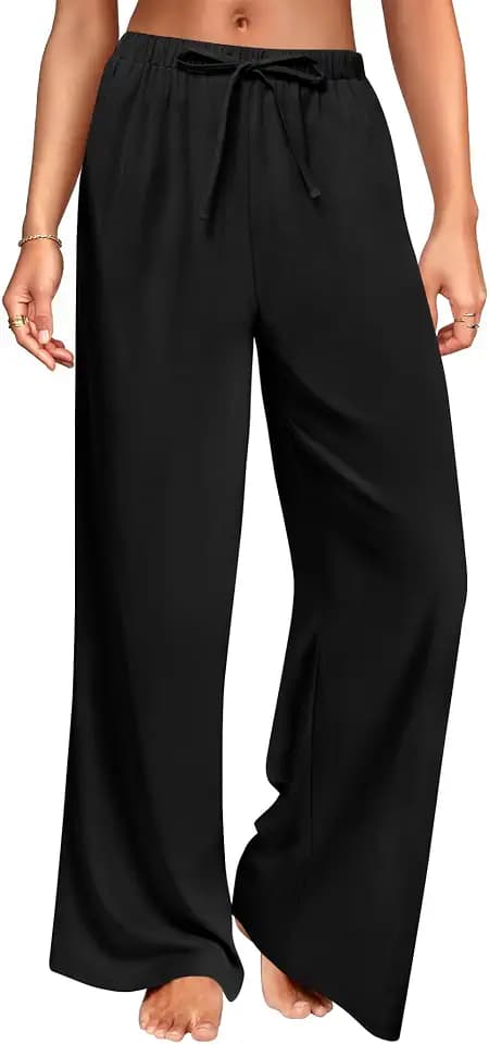 DLOODA Wide Leg Linen Pants for Women, Loose Palazzo Drawstring Trousers