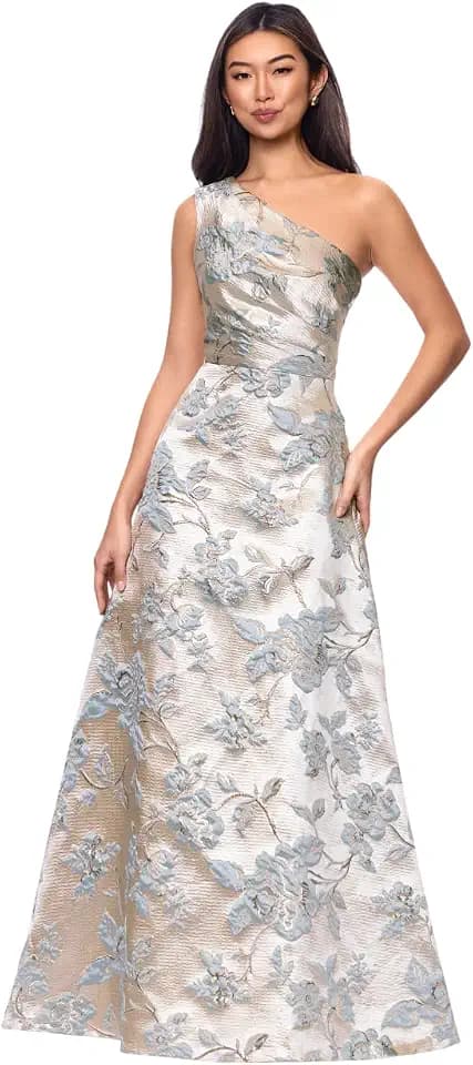 Xscape Women's Brocade One Shoulder Sleeveless Floor Length Dress
