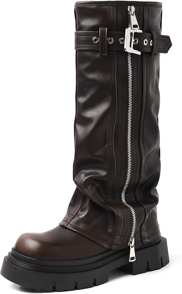 YIYA Women's Platform Fold Over Biker Knee High Boots Belt Buckle Square Toe Chunky Heel Zipper Tall Motorcycle Long Combat Boots