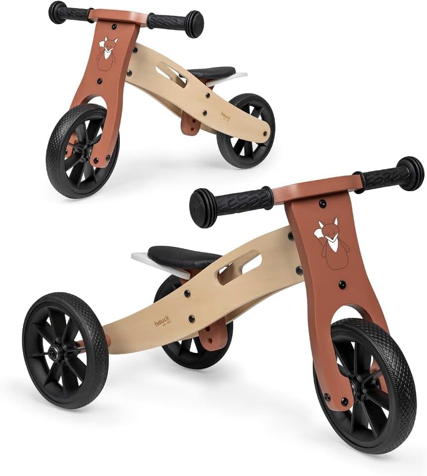 Hauck First Ride Eco, Fuchs - 2 in 1 Holz Dreirad Rutscher & Zweirad Laufrad mit 7,5 Zoll Räder für Kleinkider ab 1 Jahr bis 20 kg, mit Höhenverstellbarem Sattel, Tragegriff, Fox