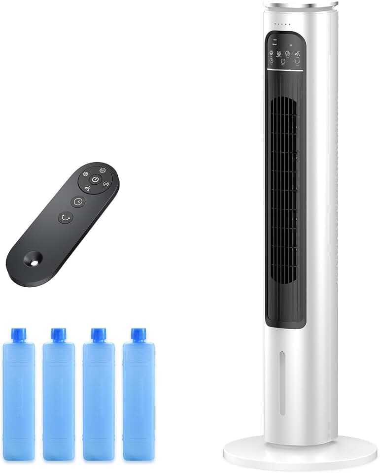 Windowless Portable Air Conditioner Ac Unit with Remote,37” Ventless Evaporative Air Cooler,Quiet Swamp Cooler for 4 Modes, Ductless Tower Fan For 12H Timer, Ice Packs for home White