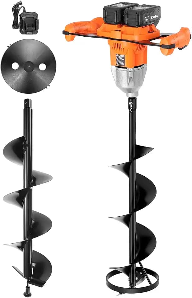 VEVOR 40V Electric Ice Auger, 8 inch Diameter, 2 in 1 Battery Powered Ice Fishing Augers and Earth Auger Combo with Top Plate, Turbo High-Speed Cutting System and Blade Guard