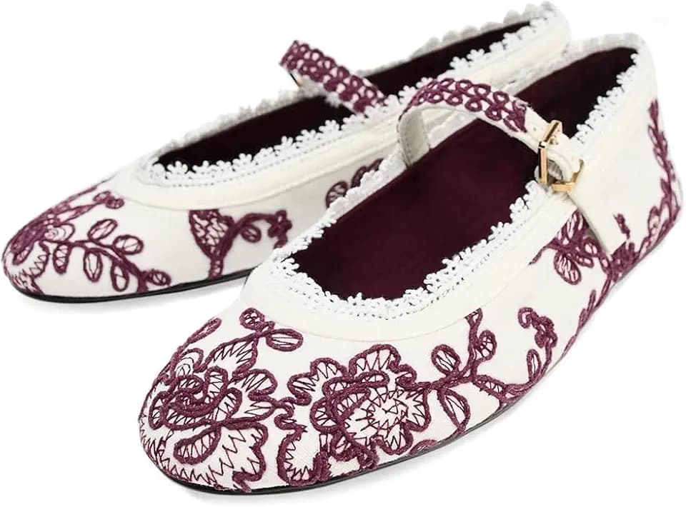 MAVMAX Ballet Flats with Strap for Women Floral Ballet Flats Mesh Shoes Women Flat Slip On Ballerina Shoes Round Toe Comfortable Daily Dress Shoe