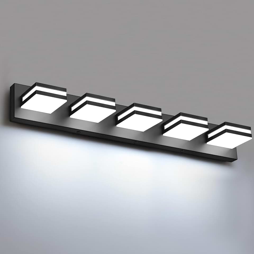 IZORRO LED Modern Bathroom Lights Fixtures(5-Light,Dimmable,360°Rotate),Matte Black Acrylic Wall Lighting,Vanity Lights for Bathroom Over Mirror - 6000k 30In （No Assembly Required）