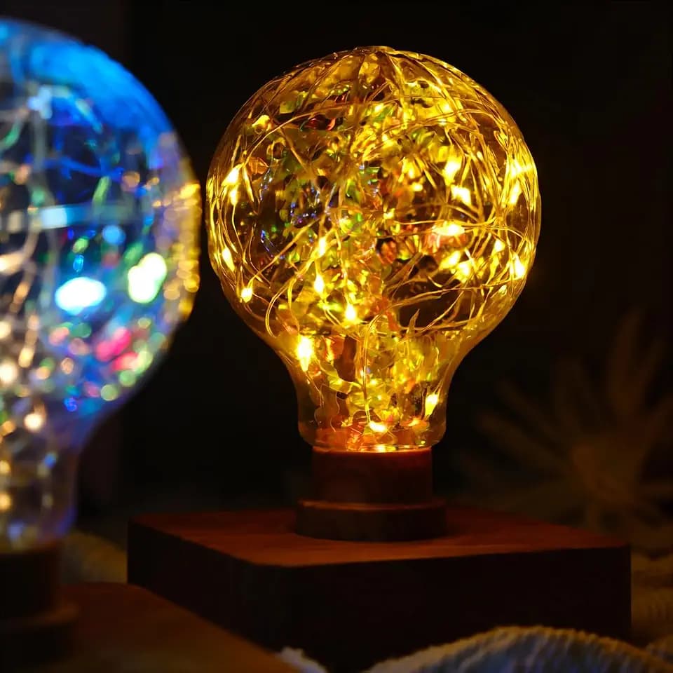 Warm White LED Fairy Light Bulb with Wooden Base, Cozy Decorative Night Light for Bedroom, Desk, Living Room, Home Décor, Ambient Table Lamp