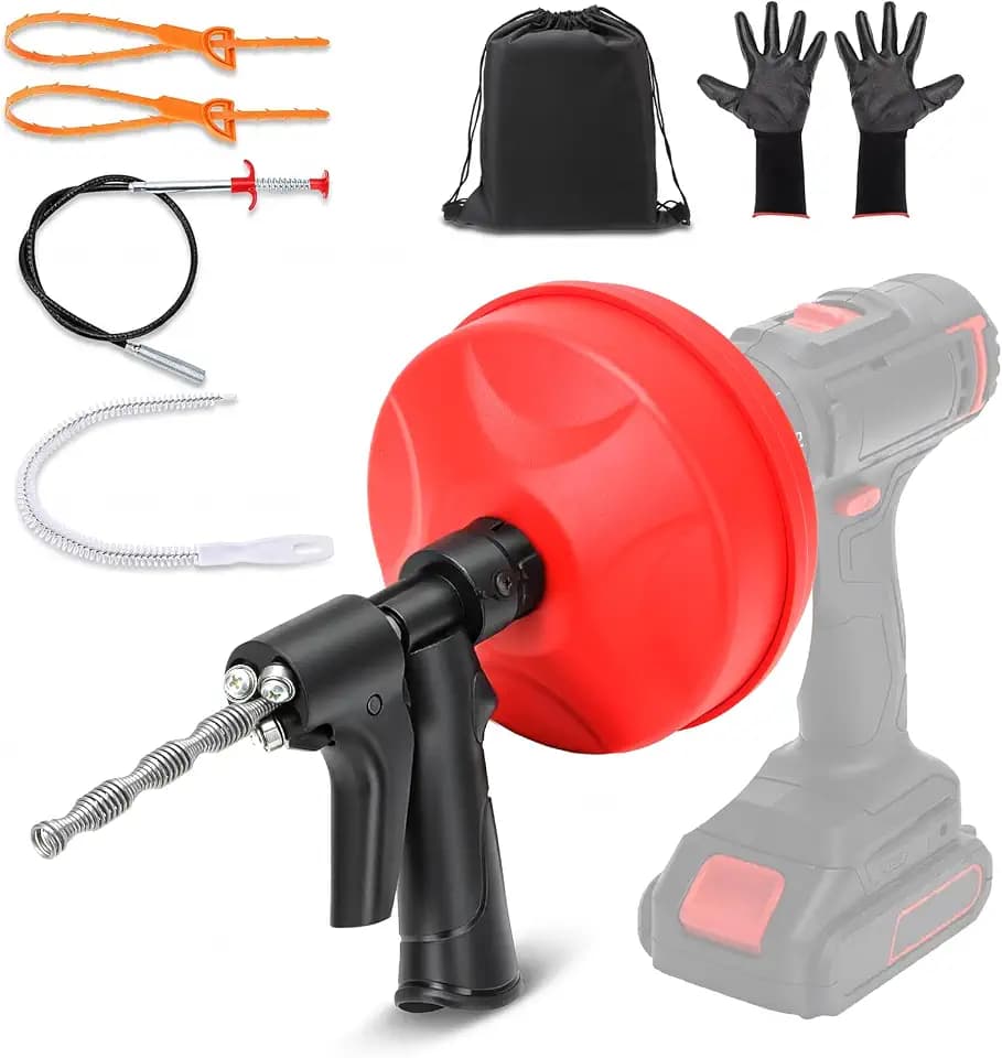 KELIN 6 in 1 Drain Auger Kit, Dual-Mode 33FT Plumbing Snake with Drill Adapter, Manual or Powered, Includes Hair Remover, Claw Tool, Brush, Gloves & Bag for Kitchen Bathroom Sink