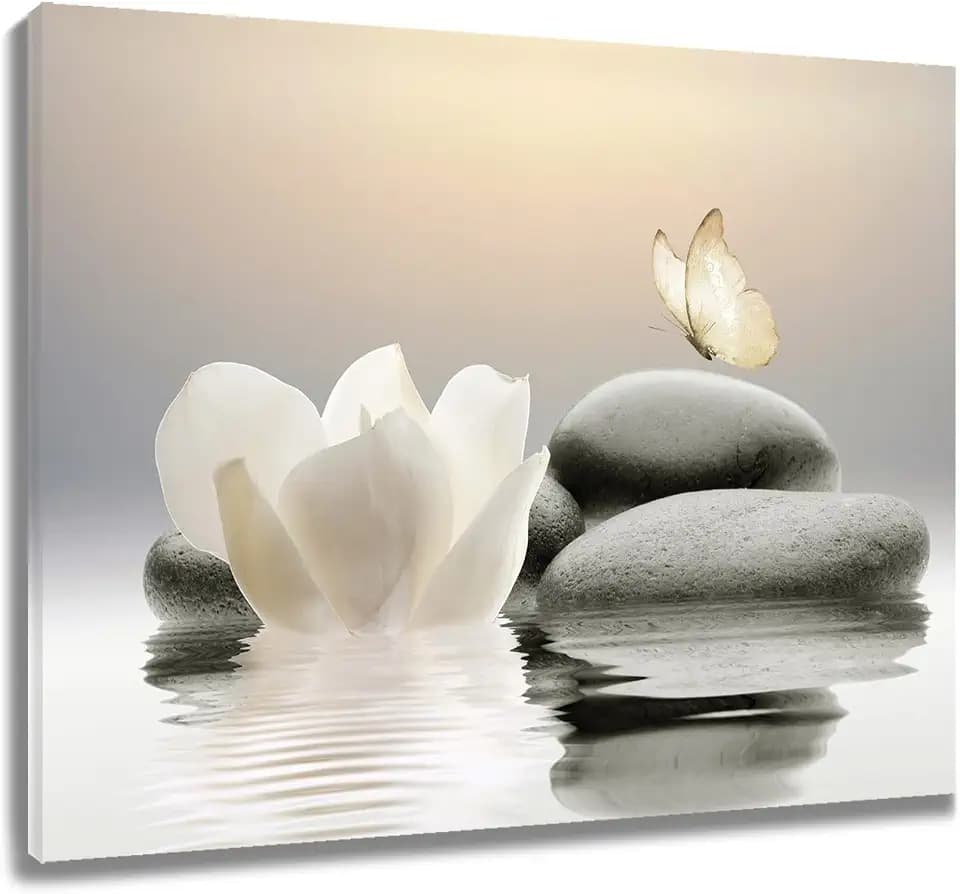 EOBTAIN Zen Small Bathroom Wall Art Garden Water Lily Flower and Butterfly Calming Spa Canvas Pictures wall decor for Yoga Room Nature Spiritual Relaxing Framed Artwork for Home Decor 10x8 Inch