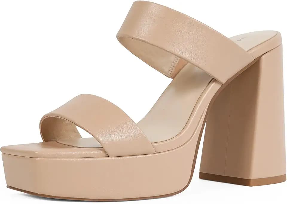 Platform Heels for Women Square Open Toe Chunky Heel Two Strap Sandals