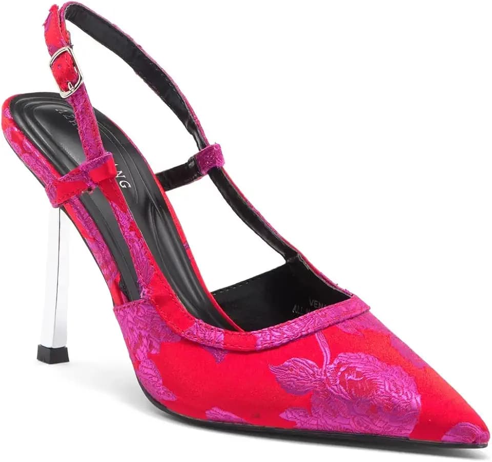 AZALEA WANG Vena Metallic Stiletto Slingback Pump for Women – Floral Jacquard Pointed Toe High Heels, 3-Inch Heel, Adjustable Ankle Strap Dress Shoe