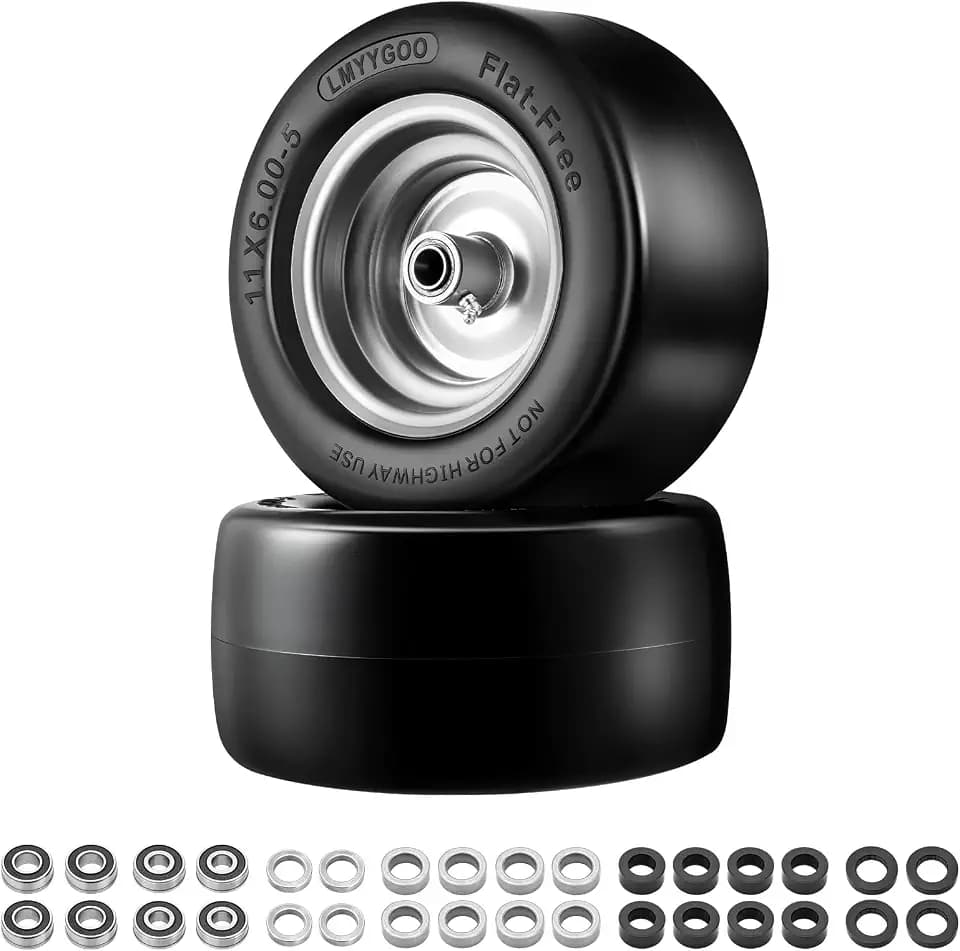 11x6.00-5 Flat Free Tire and Wheel, Universal 3/4", 5/8" and 1/2" Bearings, 2 Pack Rubber Riding Lawn Mower Tire with Rim, 6"-8" Centered Hub, Gray