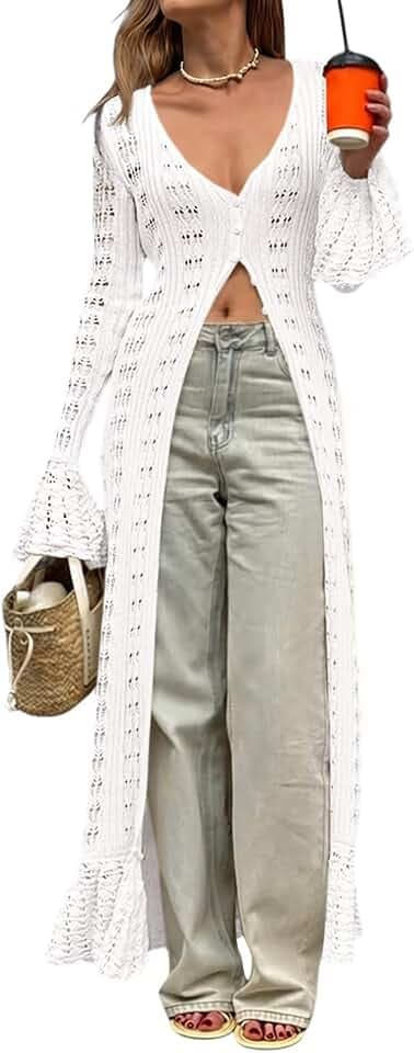 Saodimallsu Womens Crochet Long Cardigans Boho Summer Maxi Lace Duster Coat