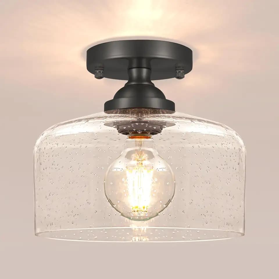 Daunton Small Semi Flush Mount Ceiling Light Fixture, Vintage Matte Black Close to Ceiling Lighting with Bubble Glass Shade for Hallway, Kitchen, Entryway (Retro Design, Easy Install)