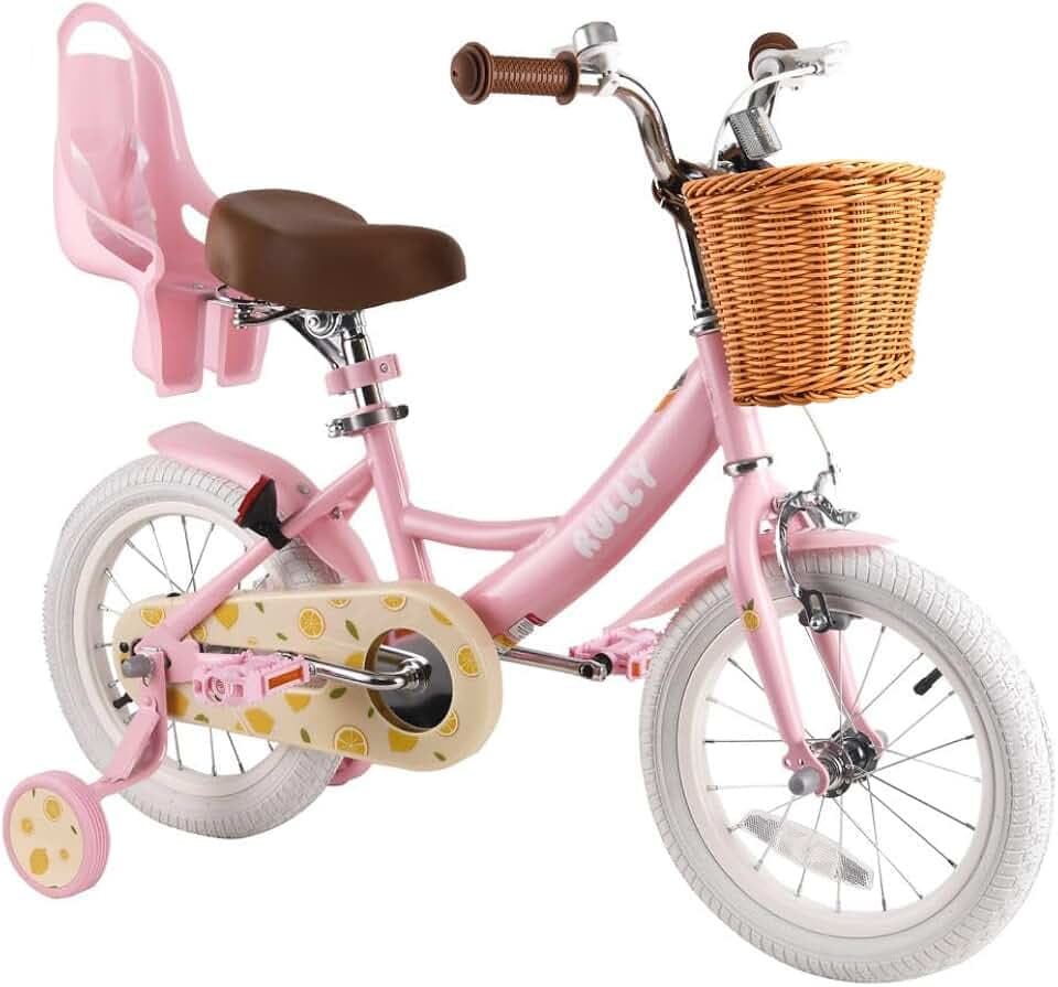 RULLY Strawberry 12 14 16 Inch Girls Bike for 2-7 Year Olds, Kids Bicycle with Training Wheels, Basket & Doll Seat, Retro Bike for Toddlers Pink Red Purple