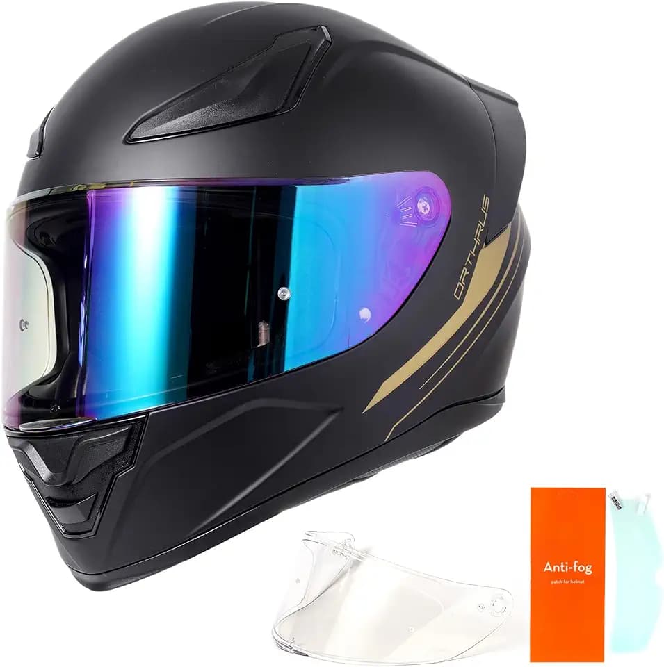 OTS Dual Visor Full Face DOT Motorcycle Helmet, Unisex, Matte Black Gold L