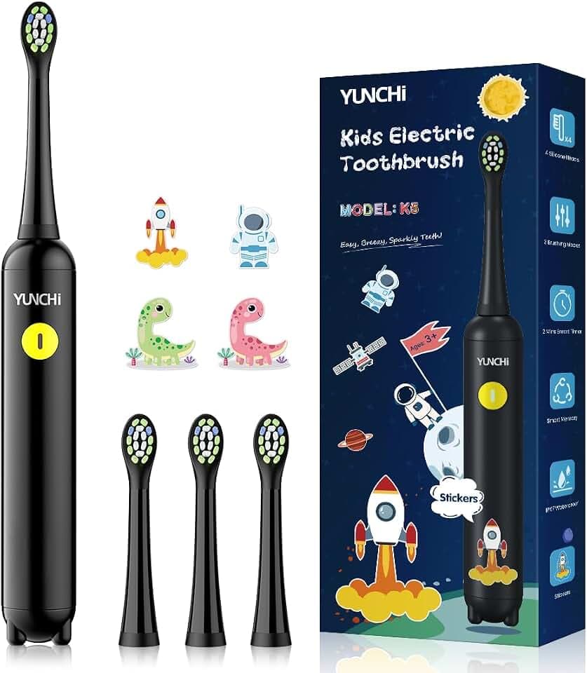 YUNCHI Elektrische Zahnbürste Kinder mit Minuten-Timer, Kinderzahnbürste ab 3-6-10-12 Jahre IPX7 Wasserdicht Electric Toothbrush weiche Borsten mit 4 weiche Ersatzbürsten (Schwarz)