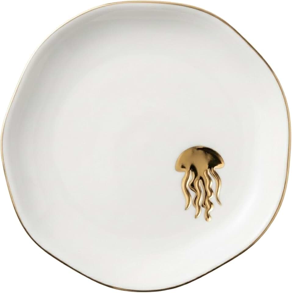 InnoBeta Jellyfish Gifts For Women, Jellyfish Trinket Dish, 4.75" Handcrafted Ceramic Ring Dish with Gold Trim