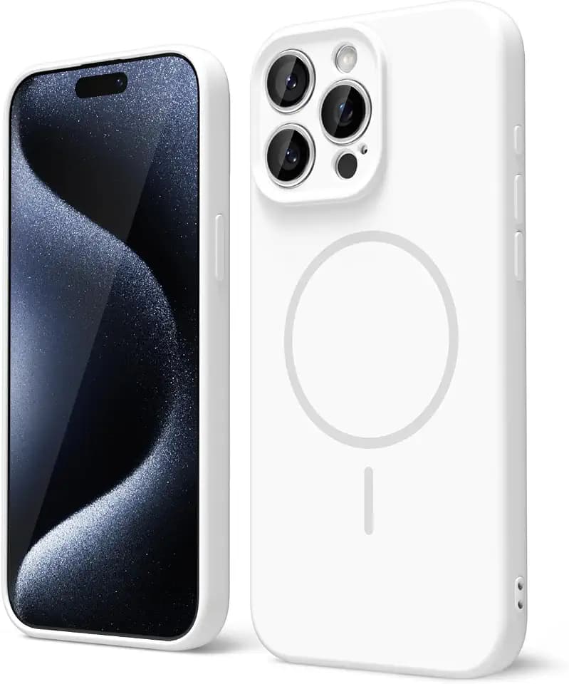 oakxco for iPhone 15 Pro Case Silicone Mag Safe, Magnetic Slim Thin Phone Case Compatible with Magsafe, Women Girls Cute Girly Aesthetic Soft Rubber Gel Safecase with Camera Cover, White