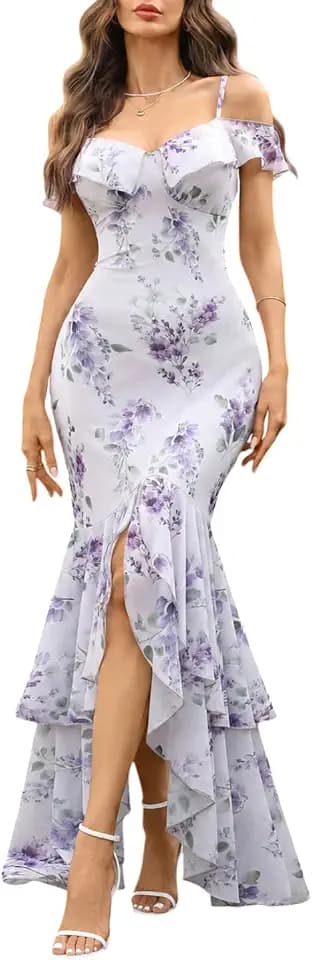 GothDark Women Floral Mesh Spaghetti Straps Ruffle Hem Mermaid Maxi Dress