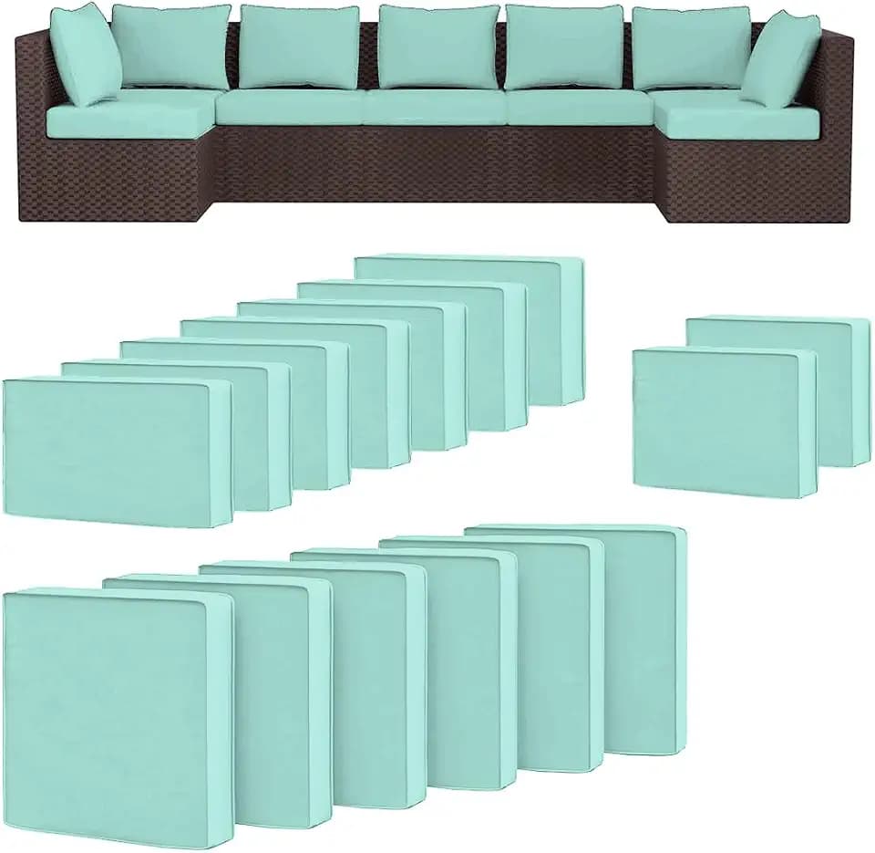 All Smiles 14 Piece Outdoor Patio Waterproof Cushion Covers, All-Weather UV Resistant Polyester Covers, Non-Slip Replacement Covers for 6-Seat Patio Sectional, Teal(Covers Only)​