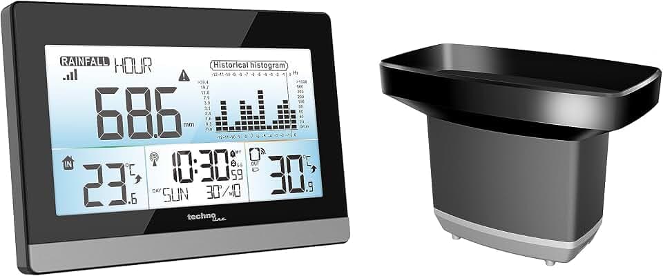 Technoline WS9016 Regenmesser, Niederschlagsmesser, Regenmonitor, erfassen von Regenmenge, mit Innentemperatur und Außentemperatur, Funkuhr, Regenhistorie