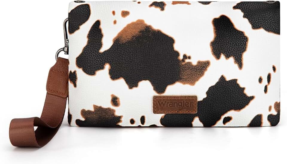 Wrangler Wallets for Women Cow Print Crossbody Purses Large Capacity Western Women's Cash Wallets with ID Window and Crossbody Strap